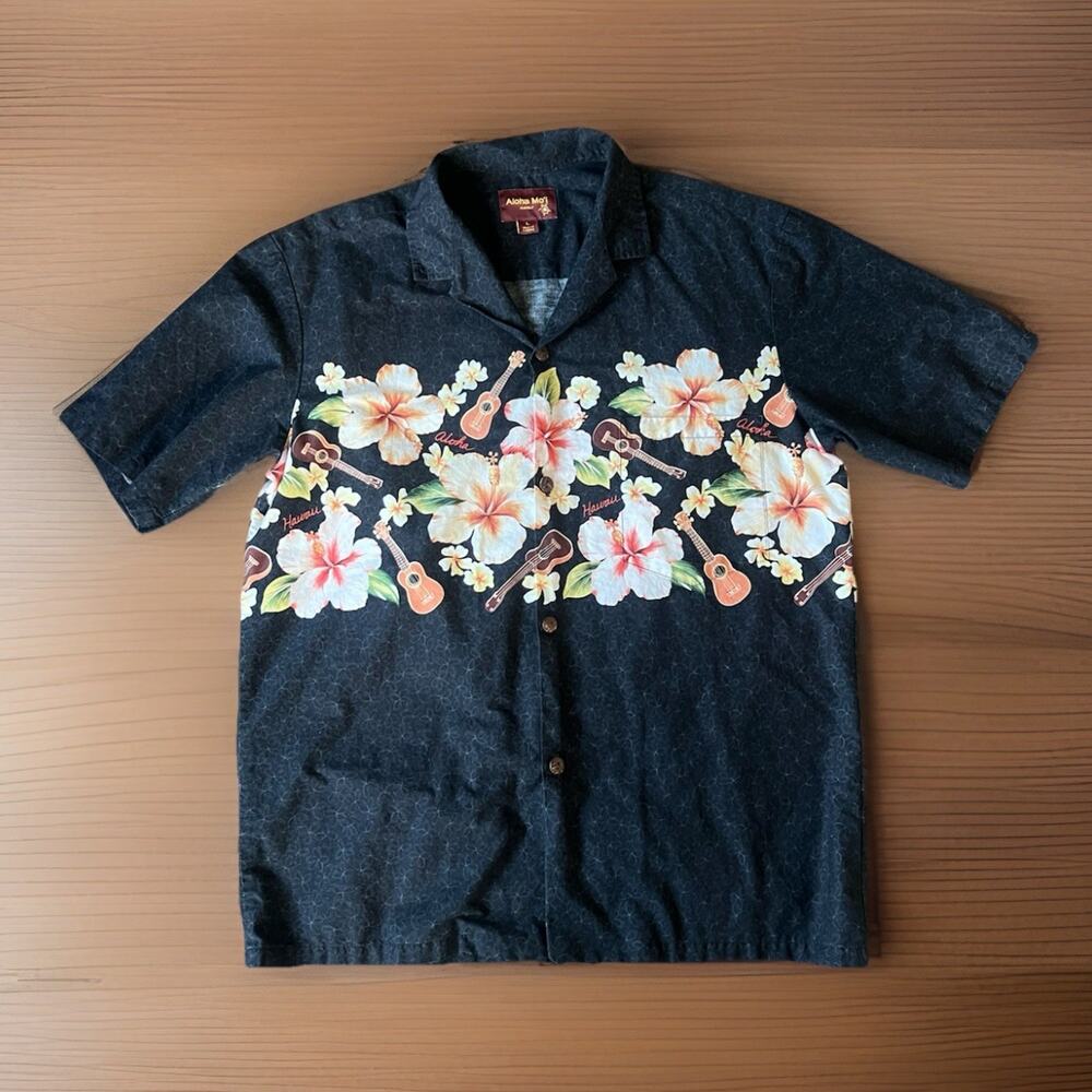 Aloha Mo'i Hawaii Shirt Mens L Hawaiian Floral Ukulele Resort Blokecore Black